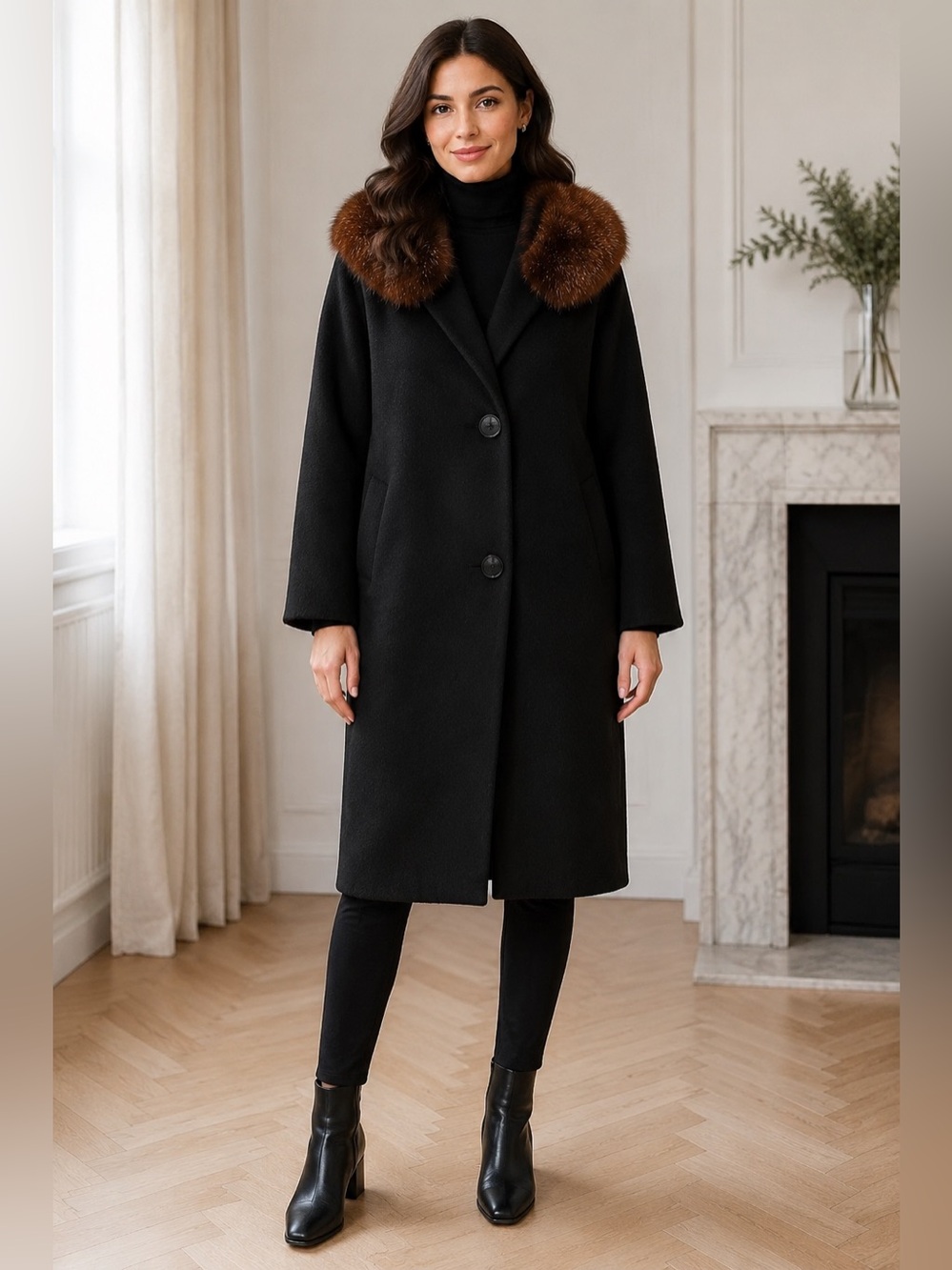 Vintage 1960s Lou Green Original Black Wool Coat Brown Mink Fur Collar M